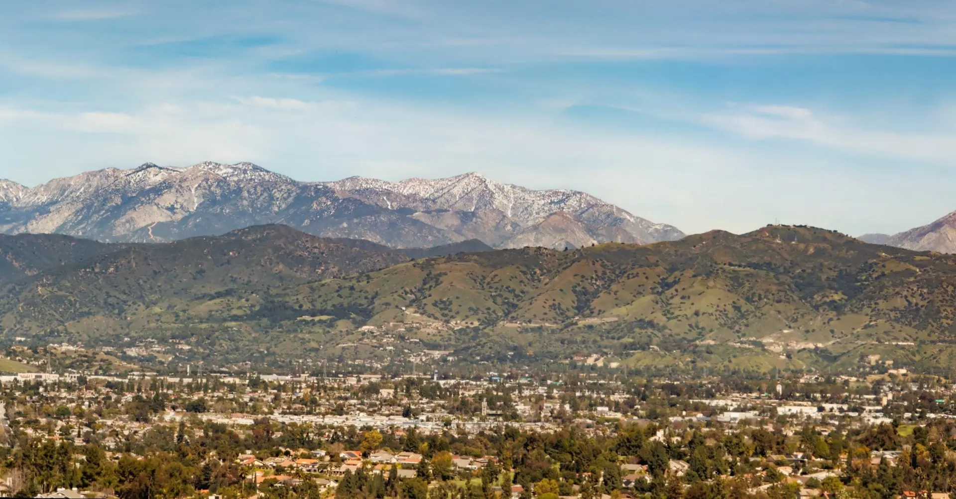 Snow-capped San Gabriel Mountains above the valley floor